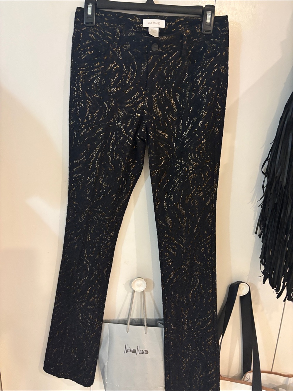 Cache Black and Gold Lace Textured Pants,2